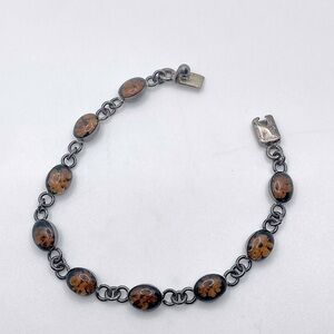 VTG Sterling Silver Resin Cabochon Dried Flower Flowers Oval Link Bracelet 7.4”